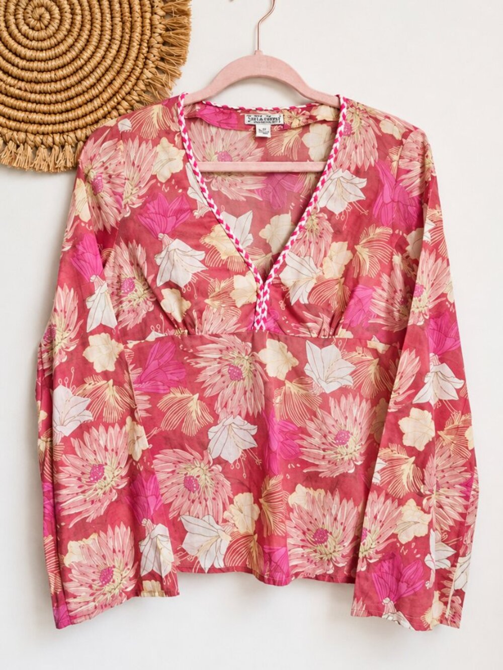 Lucky Brand Vintage Y2K Pink Floral Flare Sleeve Babydoll Peasant Top SZ Medium